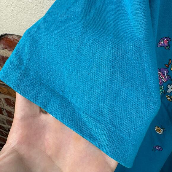 Vintage Flower Shirt Sz XL Blue Single Stitch Crewneck Floral Leaves Casual 90s - Picture 7 of 9